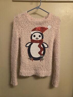 With Love Derek Pink Fuzzy Knit Christmas Sweater Penguin Sequin Holiday Small